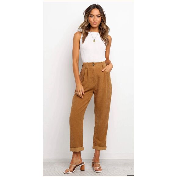 Petal & Pup Talaren Cuffed Corduroy Pleated High Rise Pants Tan Camel Size 8 - Picture 1 of 6